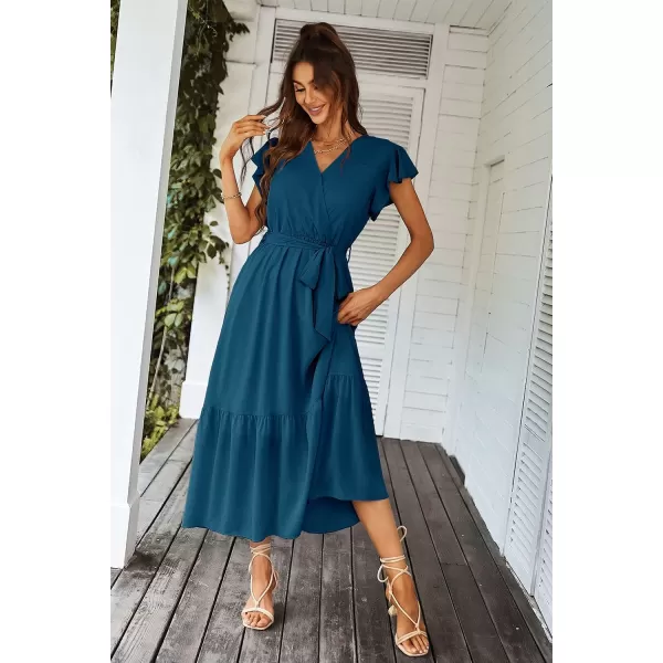 imagePRETTYGARDEN Womens 2023 Floral Boho Dress Wrap V Neck Short Sleeve Belted Ruffle Hem ALine Flowy Maxi DressesSolid Lake Blue