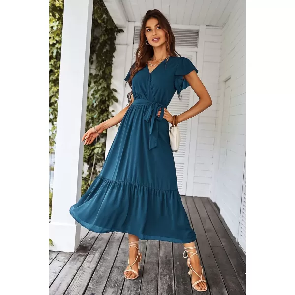 imagePRETTYGARDEN Womens 2023 Floral Boho Dress Wrap V Neck Short Sleeve Belted Ruffle Hem ALine Flowy Maxi DressesSolid Lake Blue