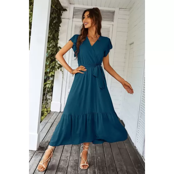 imagePRETTYGARDEN Womens 2023 Floral Boho Dress Wrap V Neck Short Sleeve Belted Ruffle Hem ALine Flowy Maxi DressesSolid Lake Blue