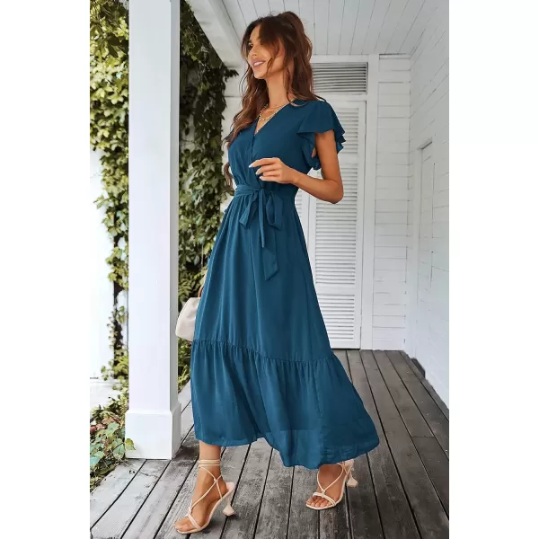 imagePRETTYGARDEN Womens 2023 Floral Boho Dress Wrap V Neck Short Sleeve Belted Ruffle Hem ALine Flowy Maxi DressesSolid Lake Blue