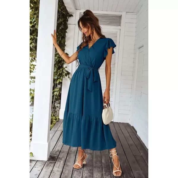 imagePRETTYGARDEN Womens 2023 Floral Boho Dress Wrap V Neck Short Sleeve Belted Ruffle Hem ALine Flowy Maxi DressesSolid Lake Blue