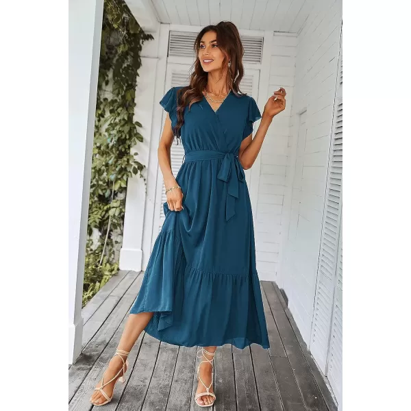 imagePRETTYGARDEN Womens 2023 Floral Boho Dress Wrap V Neck Short Sleeve Belted Ruffle Hem ALine Flowy Maxi DressesSolid Lake Blue