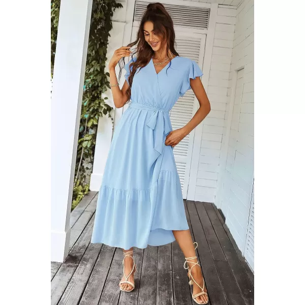 imagePRETTYGARDEN Womens 2023 Floral Boho Dress Wrap V Neck Short Sleeve Belted Ruffle Hem ALine Flowy Maxi DressesSolid Light Blue