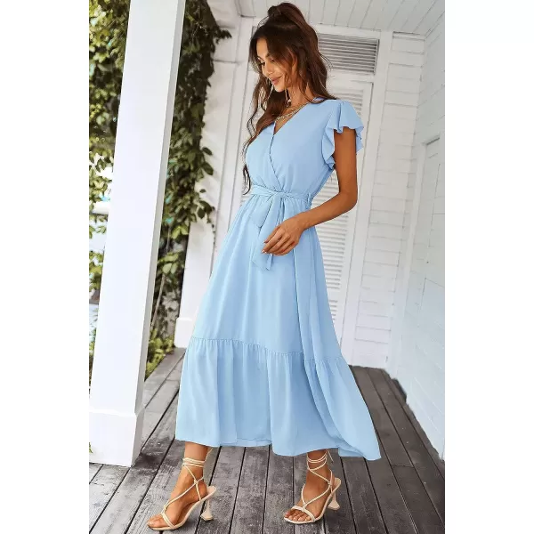 imagePRETTYGARDEN Womens 2023 Floral Boho Dress Wrap V Neck Short Sleeve Belted Ruffle Hem ALine Flowy Maxi DressesSolid Light Blue