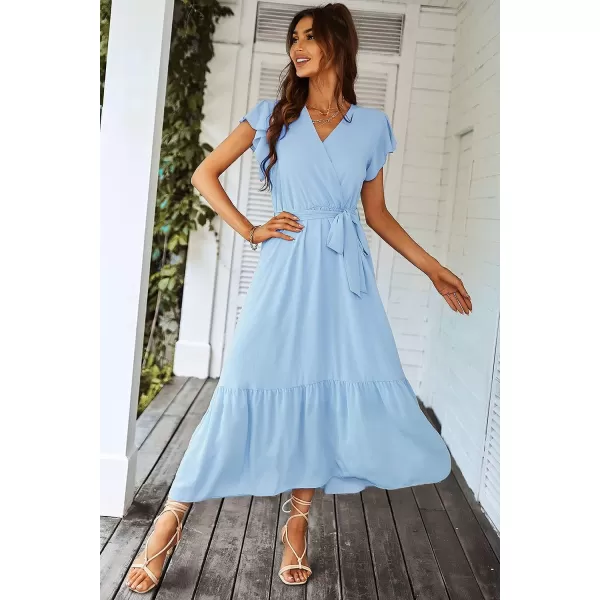 imagePRETTYGARDEN Womens 2023 Floral Boho Dress Wrap V Neck Short Sleeve Belted Ruffle Hem ALine Flowy Maxi DressesSolid Light Blue