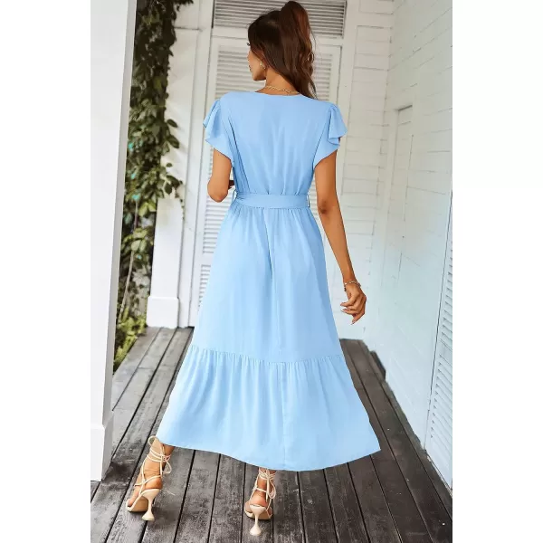 imagePRETTYGARDEN Womens 2023 Floral Boho Dress Wrap V Neck Short Sleeve Belted Ruffle Hem ALine Flowy Maxi DressesSolid Light Blue