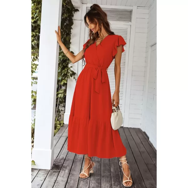 imagePRETTYGARDEN Womens 2023 Floral Boho Dress Wrap V Neck Short Sleeve Belted Ruffle Hem ALine Flowy Maxi DressesSolid Orange
