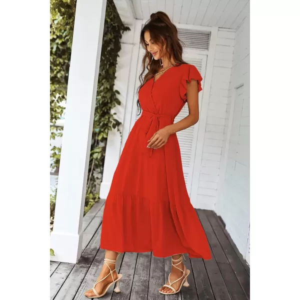 imagePRETTYGARDEN Womens 2023 Floral Boho Dress Wrap V Neck Short Sleeve Belted Ruffle Hem ALine Flowy Maxi DressesSolid Orange