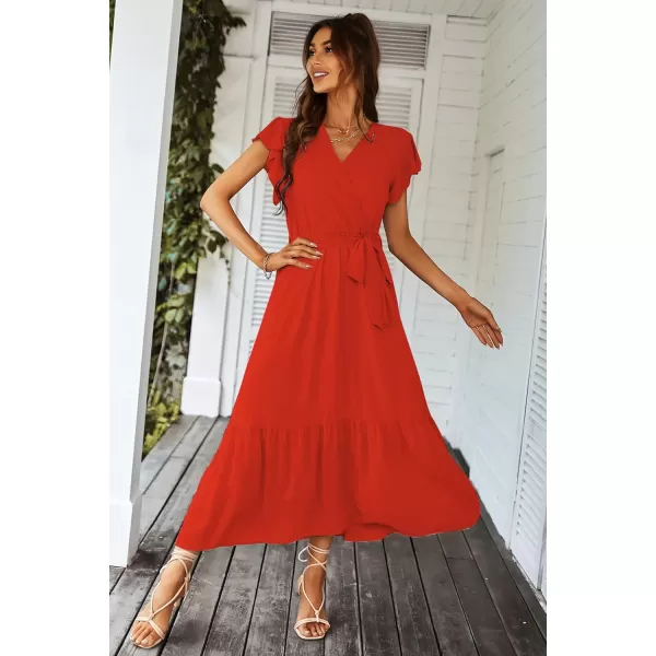 imagePRETTYGARDEN Womens 2023 Floral Boho Dress Wrap V Neck Short Sleeve Belted Ruffle Hem ALine Flowy Maxi DressesSolid Orange