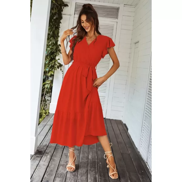 imagePRETTYGARDEN Womens 2023 Floral Boho Dress Wrap V Neck Short Sleeve Belted Ruffle Hem ALine Flowy Maxi DressesSolid Orange