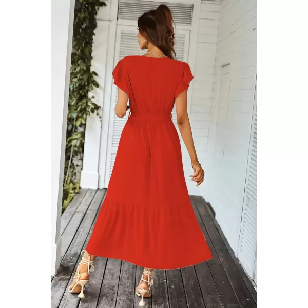 imagePRETTYGARDEN Womens 2023 Floral Boho Dress Wrap V Neck Short Sleeve Belted Ruffle Hem ALine Flowy Maxi DressesSolid Orange