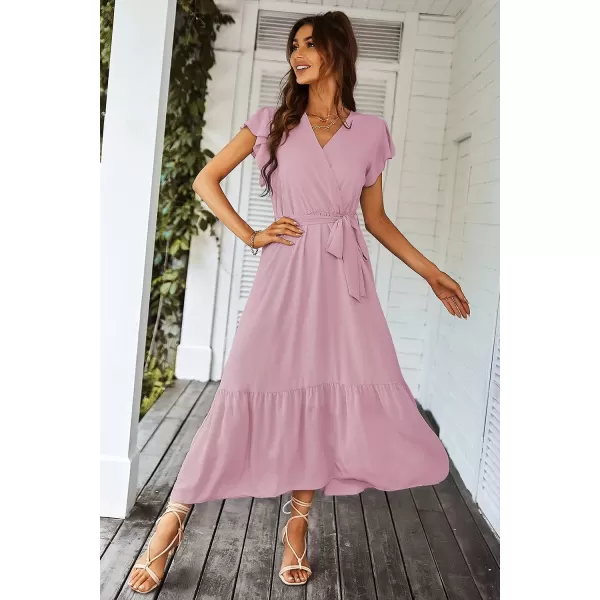imagePRETTYGARDEN Womens 2023 Floral Boho Dress Wrap V Neck Short Sleeve Belted Ruffle Hem ALine Flowy Maxi DressesSolid Pink