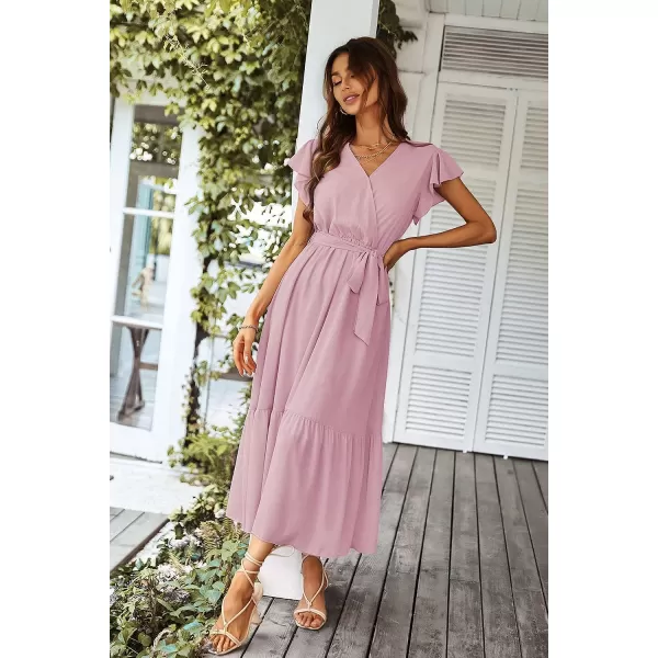imagePRETTYGARDEN Womens 2023 Floral Boho Dress Wrap V Neck Short Sleeve Belted Ruffle Hem ALine Flowy Maxi DressesSolid Pink