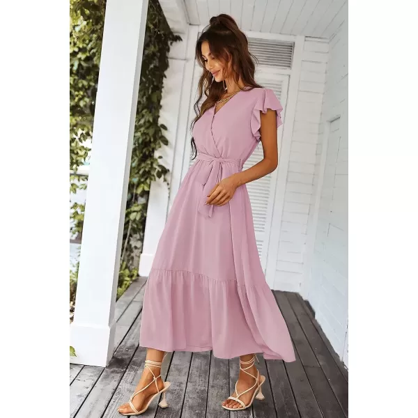 imagePRETTYGARDEN Womens 2023 Floral Boho Dress Wrap V Neck Short Sleeve Belted Ruffle Hem ALine Flowy Maxi DressesSolid Pink