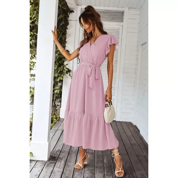 imagePRETTYGARDEN Womens 2023 Floral Boho Dress Wrap V Neck Short Sleeve Belted Ruffle Hem ALine Flowy Maxi DressesSolid Pink