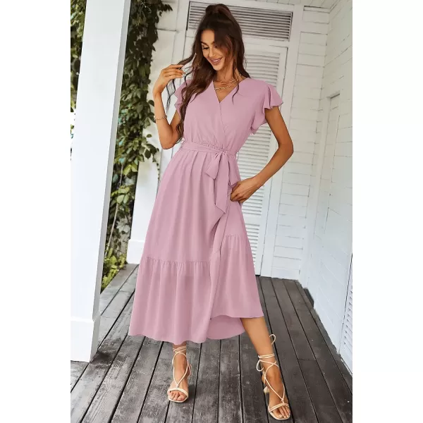 imagePRETTYGARDEN Womens 2023 Floral Boho Dress Wrap V Neck Short Sleeve Belted Ruffle Hem ALine Flowy Maxi DressesSolid Pink