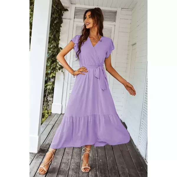 imagePRETTYGARDEN Womens 2023 Floral Boho Dress Wrap V Neck Short Sleeve Belted Ruffle Hem ALine Flowy Maxi DressesSolid Purple