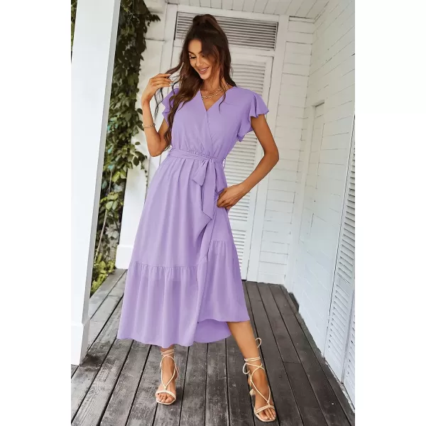 imagePRETTYGARDEN Womens 2023 Floral Boho Dress Wrap V Neck Short Sleeve Belted Ruffle Hem ALine Flowy Maxi DressesSolid Purple