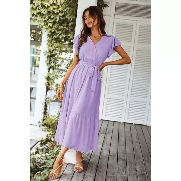 imagePRETTYGARDEN Womens 2023 Floral Boho Dress Wrap V Neck Short Sleeve Belted Ruffle Hem ALine Flowy Maxi DressesSolid Purple