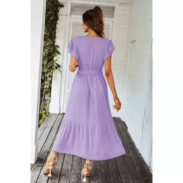 imagePRETTYGARDEN Womens 2023 Floral Boho Dress Wrap V Neck Short Sleeve Belted Ruffle Hem ALine Flowy Maxi DressesSolid Purple