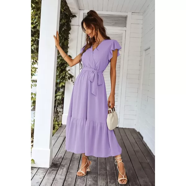 imagePRETTYGARDEN Womens 2023 Floral Boho Dress Wrap V Neck Short Sleeve Belted Ruffle Hem ALine Flowy Maxi DressesSolid Purple