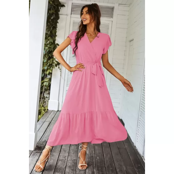 imagePRETTYGARDEN Womens 2023 Floral Boho Dress Wrap V Neck Short Sleeve Belted Ruffle Hem ALine Flowy Maxi DressesSolid Rose Pink