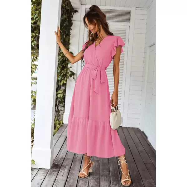 imagePRETTYGARDEN Womens 2023 Floral Boho Dress Wrap V Neck Short Sleeve Belted Ruffle Hem ALine Flowy Maxi DressesSolid Rose Pink