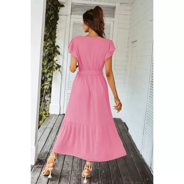 imagePRETTYGARDEN Womens 2023 Floral Boho Dress Wrap V Neck Short Sleeve Belted Ruffle Hem ALine Flowy Maxi DressesSolid Rose Pink