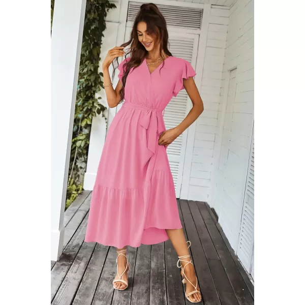 imagePRETTYGARDEN Womens 2023 Floral Boho Dress Wrap V Neck Short Sleeve Belted Ruffle Hem ALine Flowy Maxi DressesSolid Rose Pink