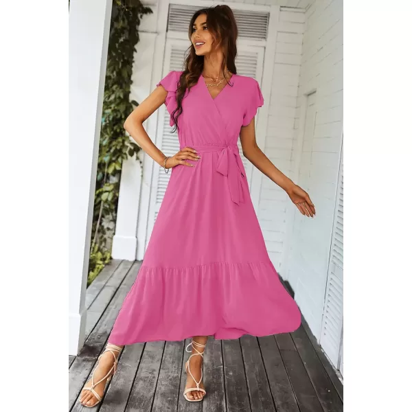 imagePRETTYGARDEN Womens 2023 Floral Boho Dress Wrap V Neck Short Sleeve Belted Ruffle Hem ALine Flowy Maxi DressesSolid Rose Red