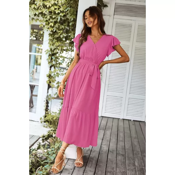 imagePRETTYGARDEN Womens 2023 Floral Boho Dress Wrap V Neck Short Sleeve Belted Ruffle Hem ALine Flowy Maxi DressesSolid Rose Red