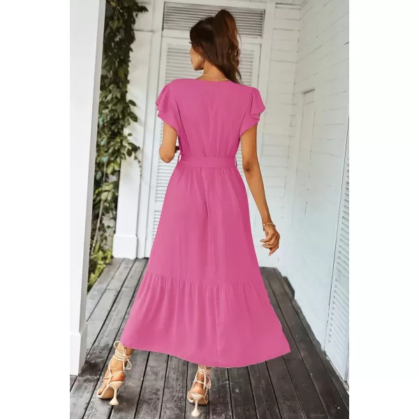 imagePRETTYGARDEN Womens 2023 Floral Boho Dress Wrap V Neck Short Sleeve Belted Ruffle Hem ALine Flowy Maxi DressesSolid Rose Red