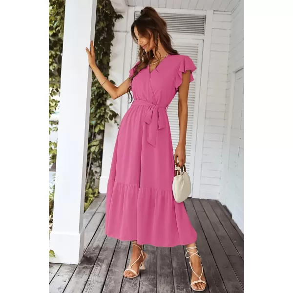 imagePRETTYGARDEN Womens 2023 Floral Boho Dress Wrap V Neck Short Sleeve Belted Ruffle Hem ALine Flowy Maxi DressesSolid Rose Red