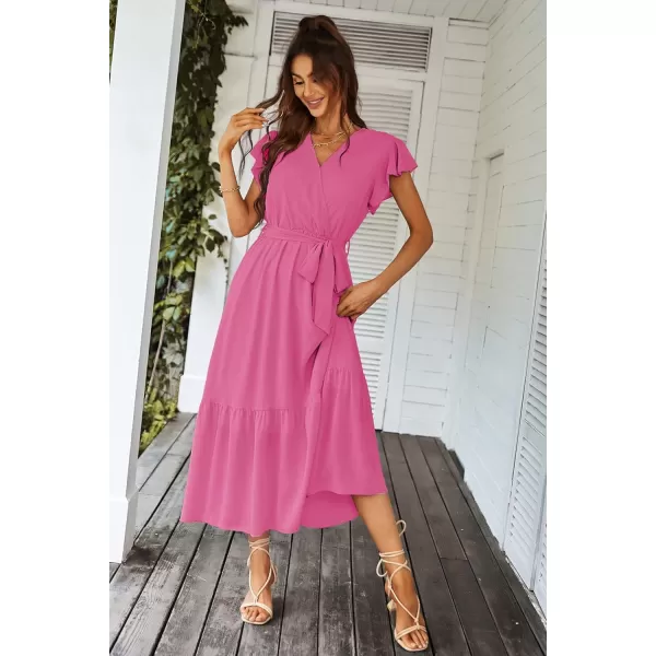 imagePRETTYGARDEN Womens 2023 Floral Boho Dress Wrap V Neck Short Sleeve Belted Ruffle Hem ALine Flowy Maxi DressesSolid Rose Red