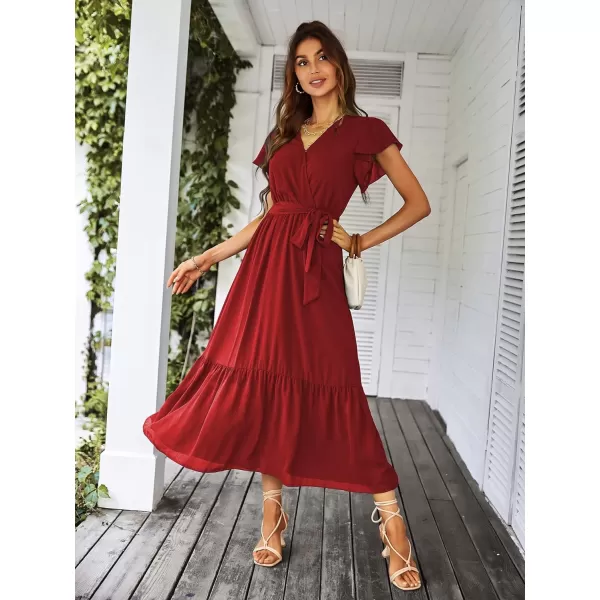 imagePRETTYGARDEN Womens 2023 Floral Boho Dress Wrap V Neck Short Sleeve Belted Ruffle Hem ALine Flowy Maxi DressesSolid Wine Red
