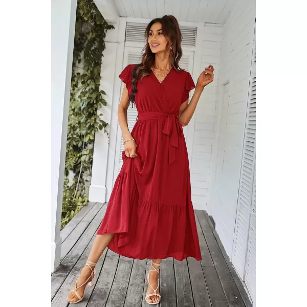 imagePRETTYGARDEN Womens 2023 Floral Boho Dress Wrap V Neck Short Sleeve Belted Ruffle Hem ALine Flowy Maxi DressesSolid Wine Red