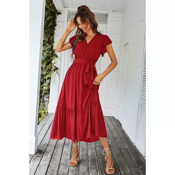 imagePRETTYGARDEN Womens 2023 Floral Boho Dress Wrap V Neck Short Sleeve Belted Ruffle Hem ALine Flowy Maxi DressesSolid Wine Red
