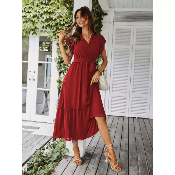 imagePRETTYGARDEN Womens 2023 Floral Boho Dress Wrap V Neck Short Sleeve Belted Ruffle Hem ALine Flowy Maxi DressesSolid Wine Red