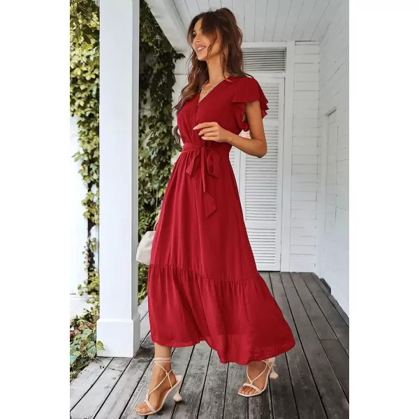 imagePRETTYGARDEN Womens 2023 Floral Boho Dress Wrap V Neck Short Sleeve Belted Ruffle Hem ALine Flowy Maxi DressesSolid Wine Red