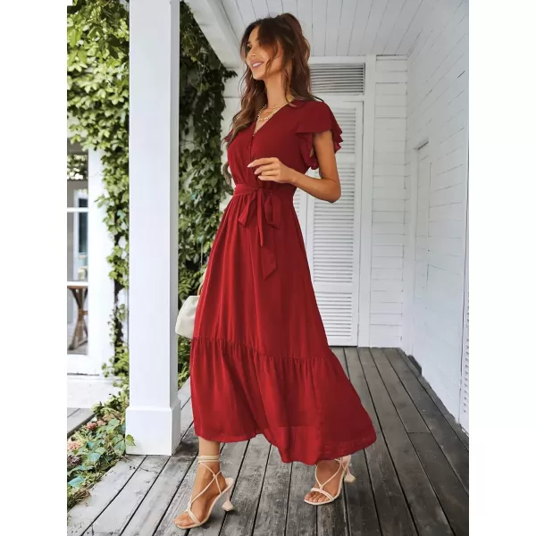 imagePRETTYGARDEN Womens 2023 Floral Boho Dress Wrap V Neck Short Sleeve Belted Ruffle Hem ALine Flowy Maxi DressesSolid Wine Red