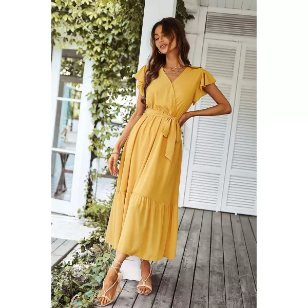 imagePRETTYGARDEN Womens 2023 Floral Boho Dress Wrap V Neck Short Sleeve Belted Ruffle Hem ALine Flowy Maxi DressesSolid Yellow