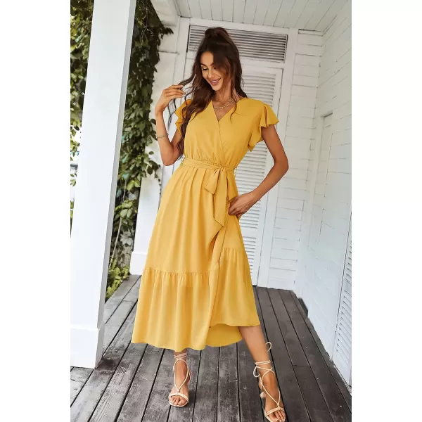 imagePRETTYGARDEN Womens 2023 Floral Boho Dress Wrap V Neck Short Sleeve Belted Ruffle Hem ALine Flowy Maxi DressesSolid Yellow