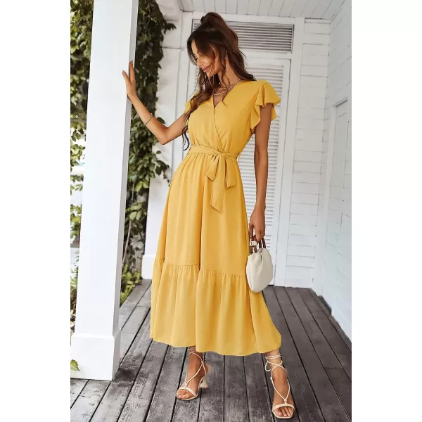 imagePRETTYGARDEN Womens 2023 Floral Boho Dress Wrap V Neck Short Sleeve Belted Ruffle Hem ALine Flowy Maxi DressesSolid Yellow
