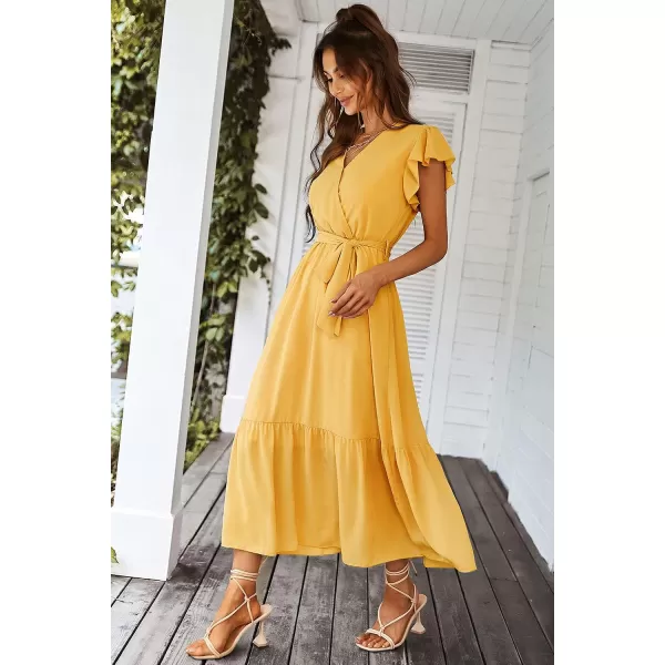 imagePRETTYGARDEN Womens 2023 Floral Boho Dress Wrap V Neck Short Sleeve Belted Ruffle Hem ALine Flowy Maxi DressesSolid Yellow