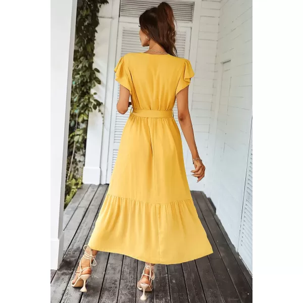 imagePRETTYGARDEN Womens 2023 Floral Boho Dress Wrap V Neck Short Sleeve Belted Ruffle Hem ALine Flowy Maxi DressesSolid Yellow