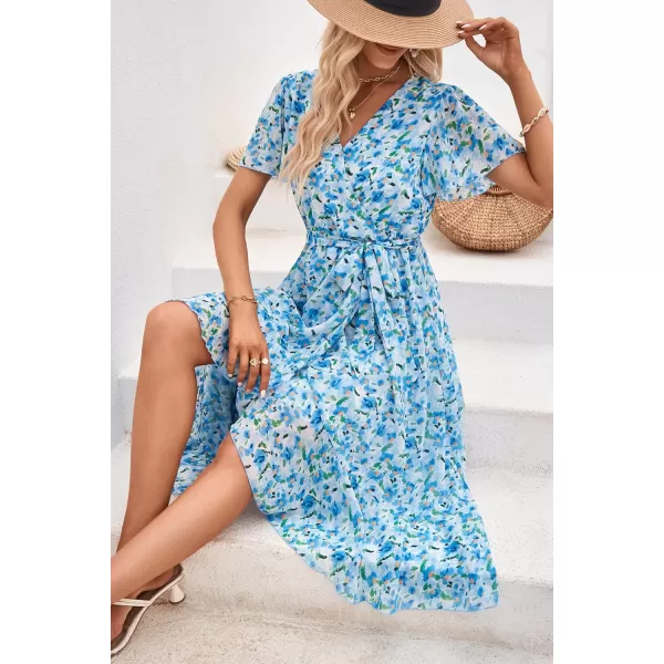imagePRETTYGARDEN Womens 2023 Floral Boho Dress Wrap V Neck Short Sleeve Belted Ruffle Hem ALine Flowy Maxi DressesWhite Blue Floral
