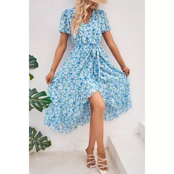 imagePRETTYGARDEN Womens 2023 Floral Boho Dress Wrap V Neck Short Sleeve Belted Ruffle Hem ALine Flowy Maxi DressesWhite Blue Floral