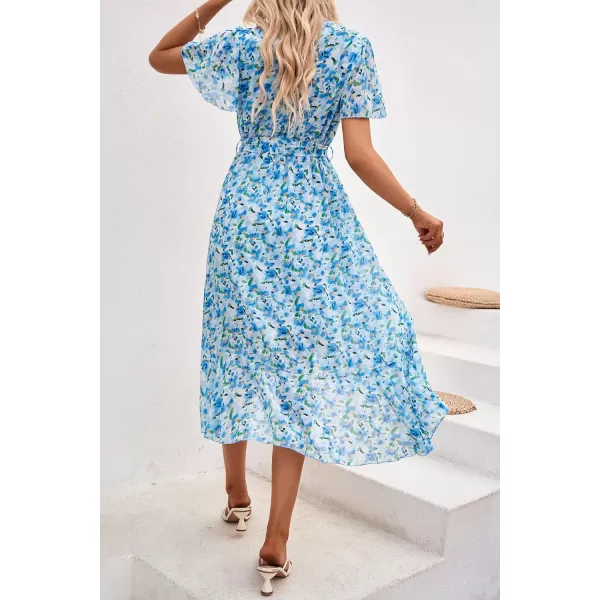 imagePRETTYGARDEN Womens 2023 Floral Boho Dress Wrap V Neck Short Sleeve Belted Ruffle Hem ALine Flowy Maxi DressesWhite Blue Floral