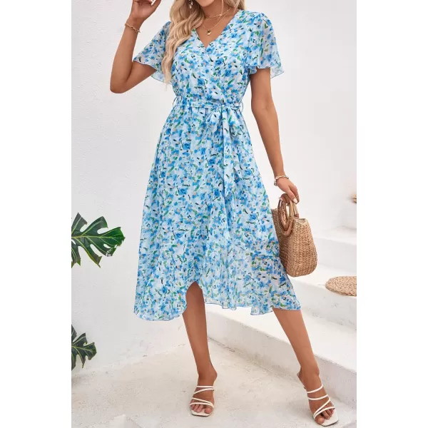 imagePRETTYGARDEN Womens 2023 Floral Boho Dress Wrap V Neck Short Sleeve Belted Ruffle Hem ALine Flowy Maxi DressesWhite Blue Floral
