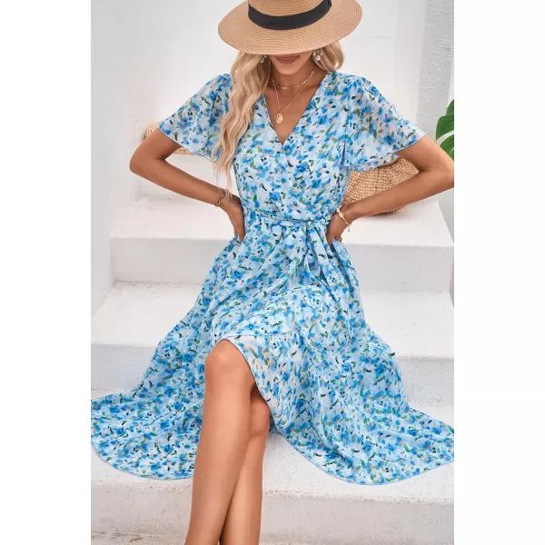 imagePRETTYGARDEN Womens 2023 Floral Boho Dress Wrap V Neck Short Sleeve Belted Ruffle Hem ALine Flowy Maxi DressesWhite Blue Floral
